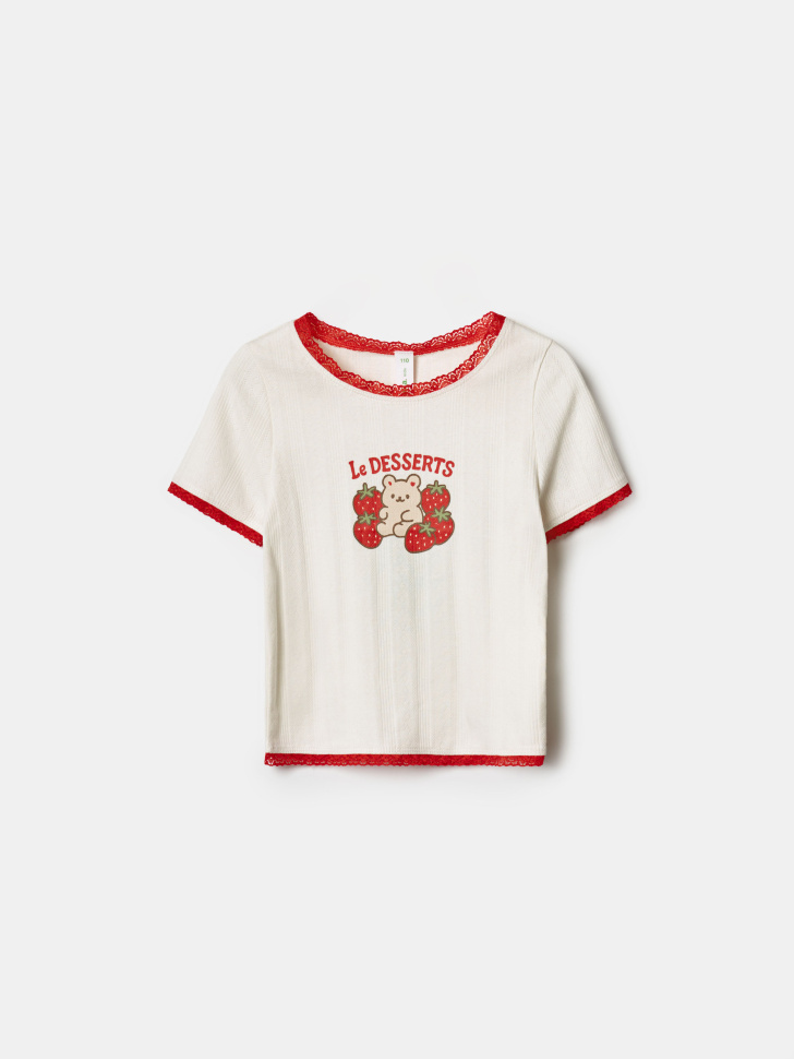 Футболка SELA для девочек с принтом и кружевом, белый, арт. 41416