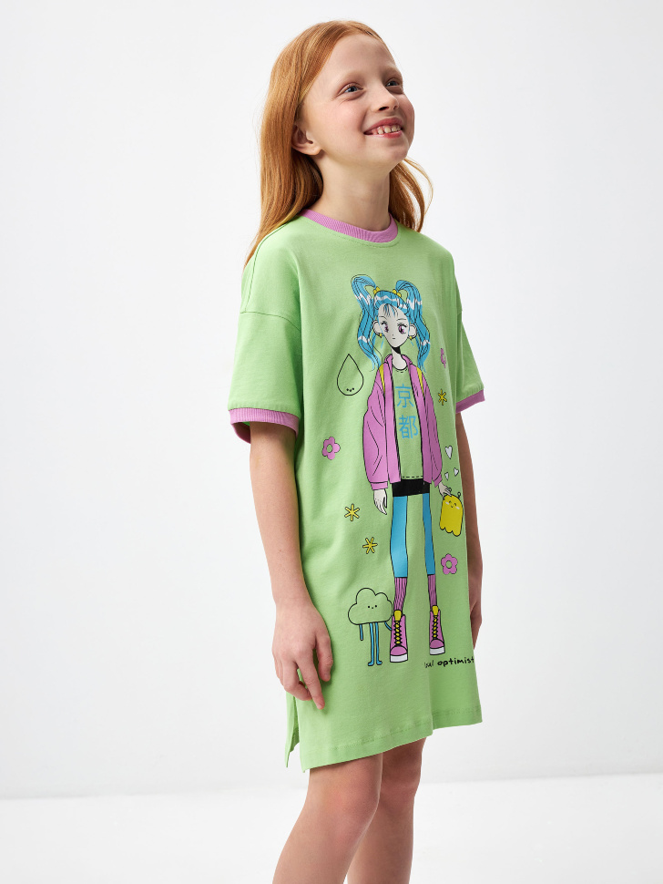 Ночная сорочка с принтом для девочек (зеленый, 134-140) sela 4680168397226
