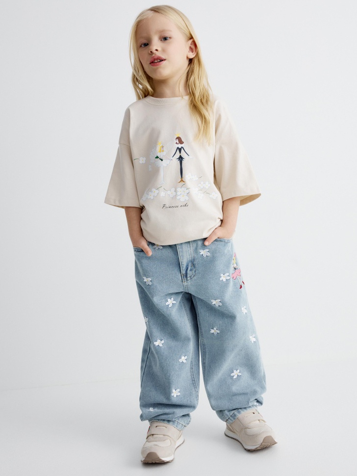 Джинсы SELA Paperbag fit с вышивкой Союзмультфильм, голубой, арт. 35132