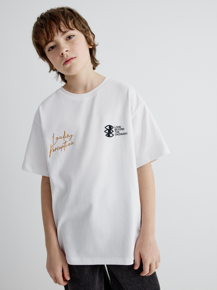 Футболка SELA оверсайз с принтом для мальчиков, белый, арт. 35136