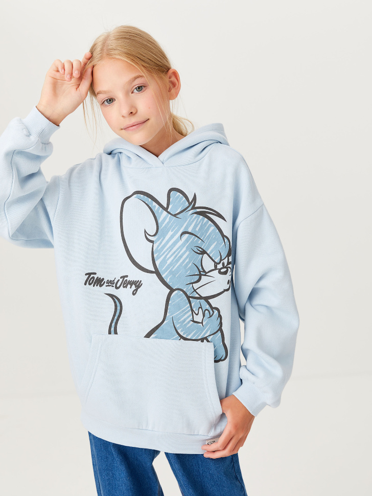 Худи с принтом Tom & Jerry для девочек (голубой, 122/ 7-8 YEARS) sela 4640078899579 - фото 1