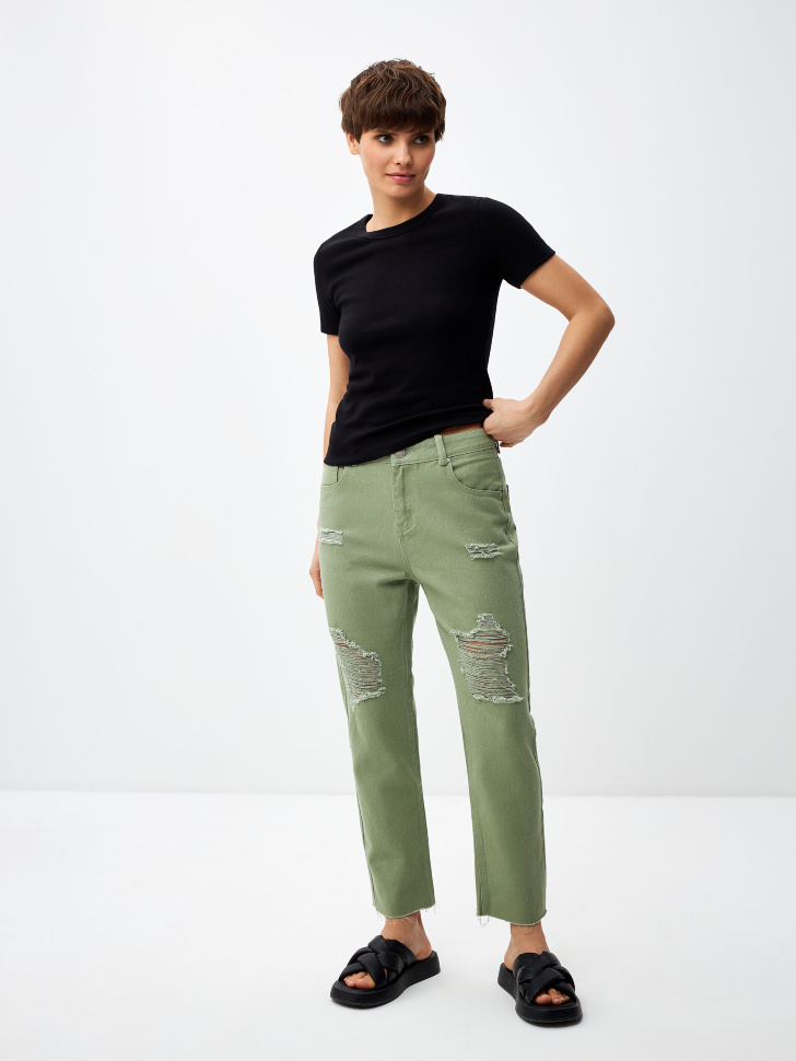 Укороченные джинсы с разрезами (зеленый, XS)