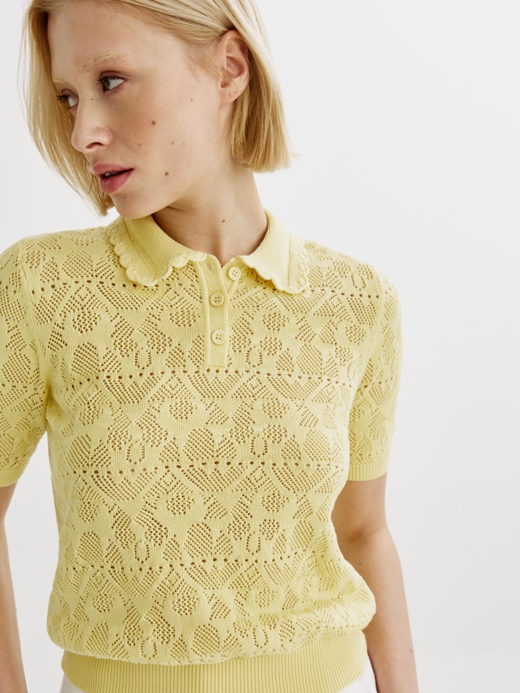 Вязаный джемпер-поло Sela с ажурным воротником, желтый, арт. 43929