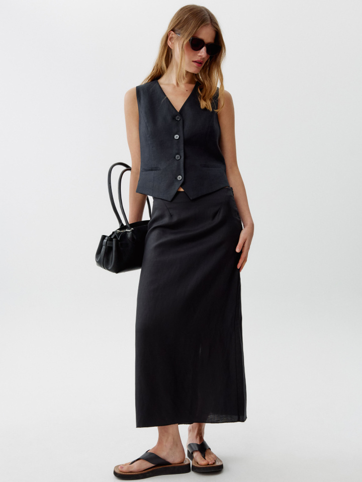 Юбка миди из тенселя и льна Sela, черный, арт. 52762