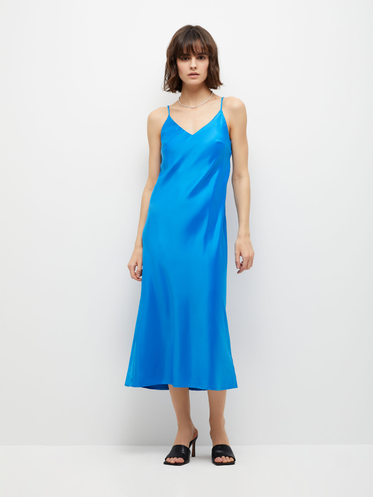 Сатиновое платье миди (синий, L)
