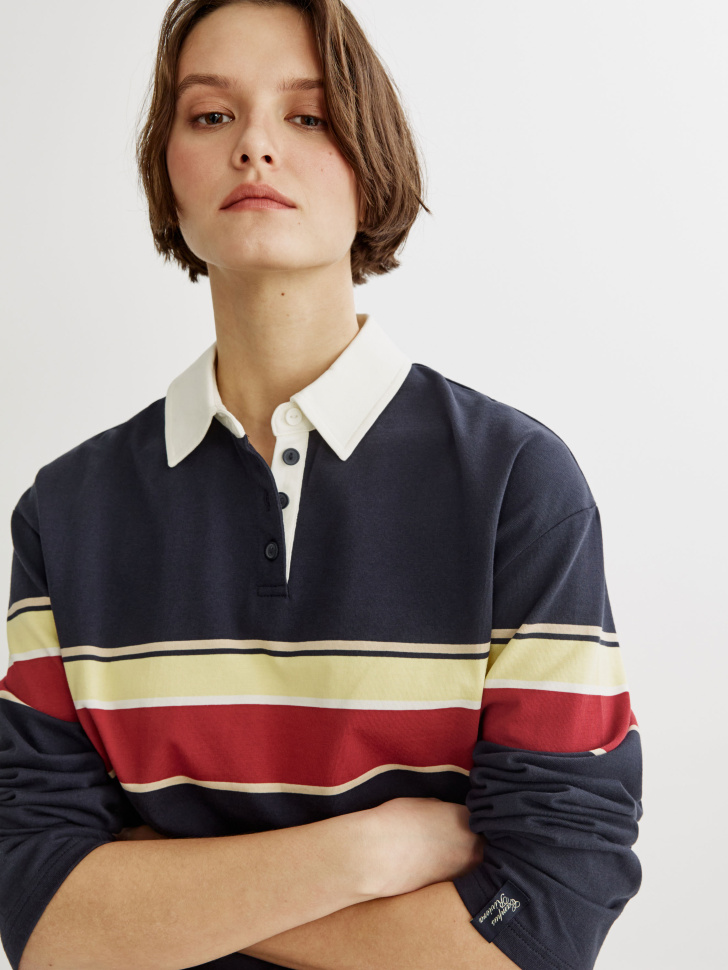 Трикотажный лонгслив-поло SELA оверсайз в полоску, синий, арт. 45390