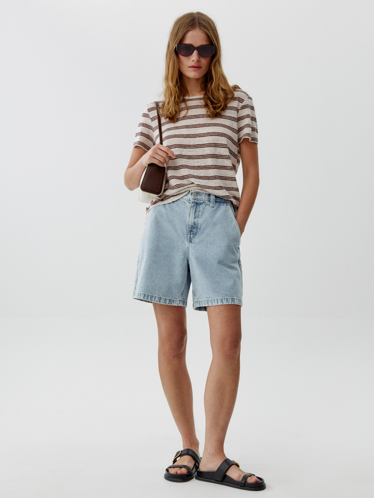 футболка полупрозрачная из льна в полоску от бренда sela вид слева