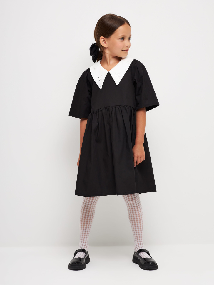 Платье с воротником из шитья для девочек (черный, 128)