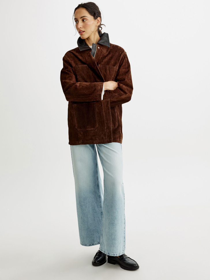 куртка из натуральной замши с кожаным воротником премиум качества из россии вид сбоку