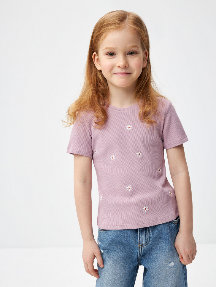 Трикотажная футболка в рубчик для девочек (розовый, 116/ 6-7 YEARS)
