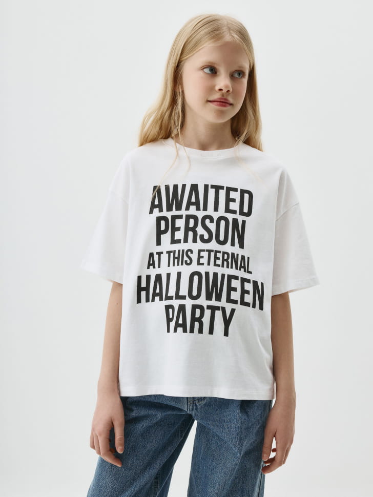 Футболка оверсайз с принтом Halloween для девочек. Фото №4