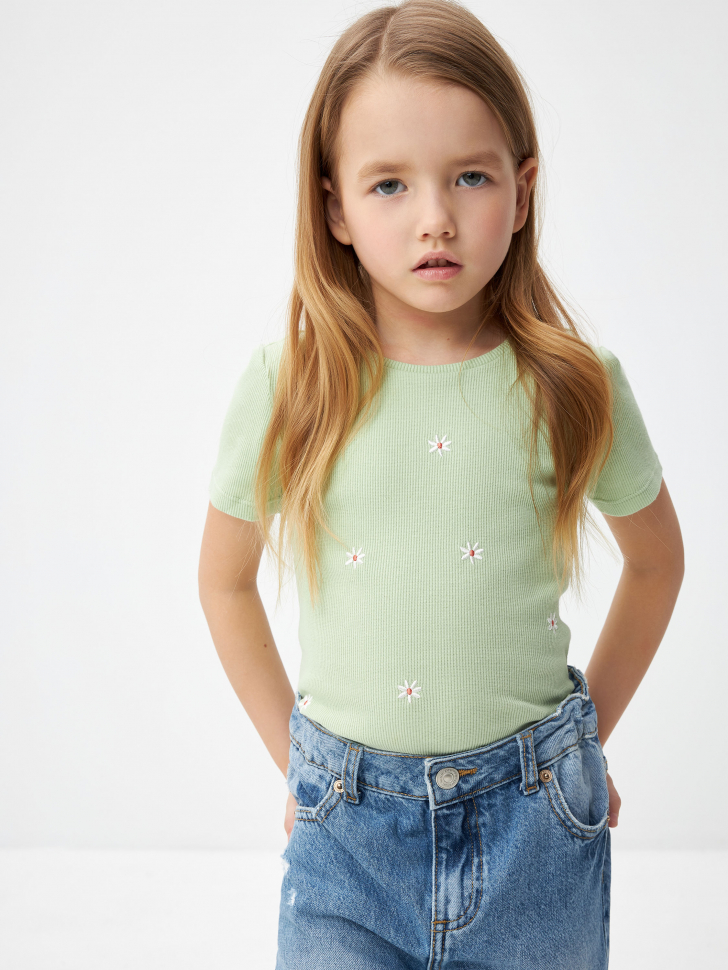 Трикотажная футболка в рубчик для девочек (зеленый, 110)