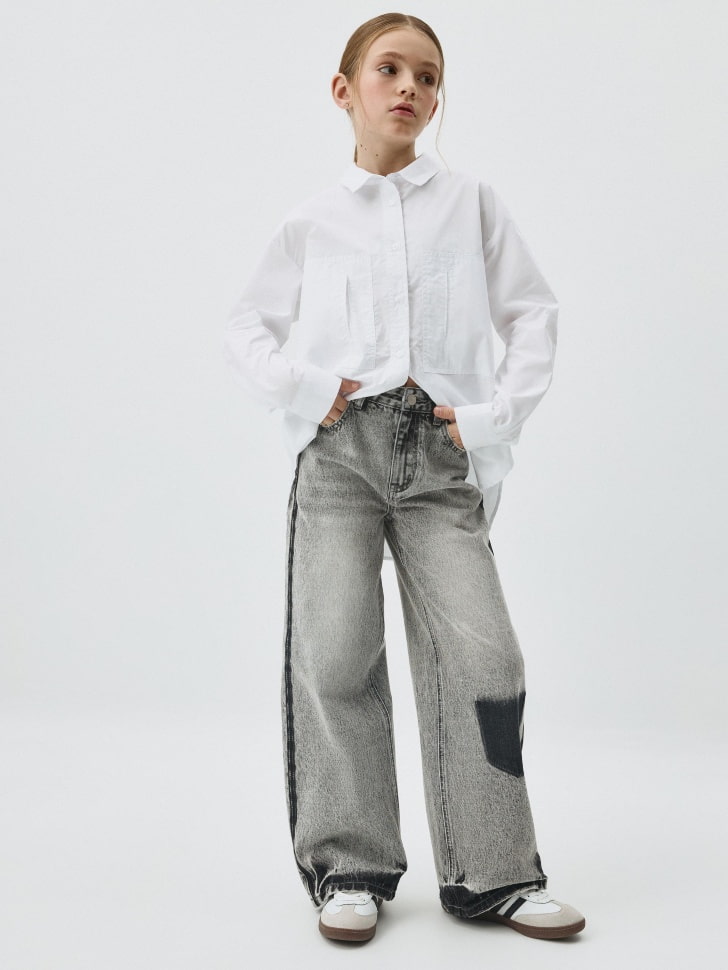 Джинсы Wide leg с эффектами стирки для девочек