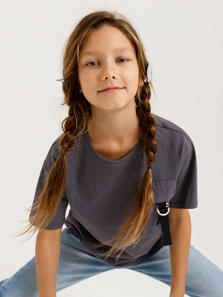 футболка с накладным карманом для девочек (серый, 146/ 11-12 YEARS)