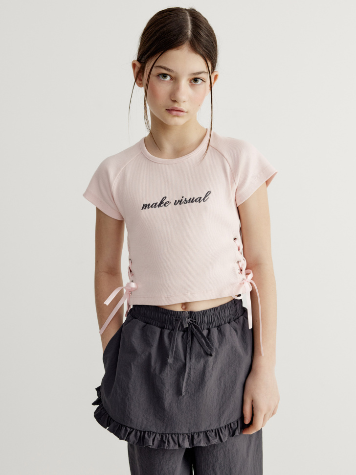 

Футболка с принтом и шнуровкой для девочек, SL6803050203