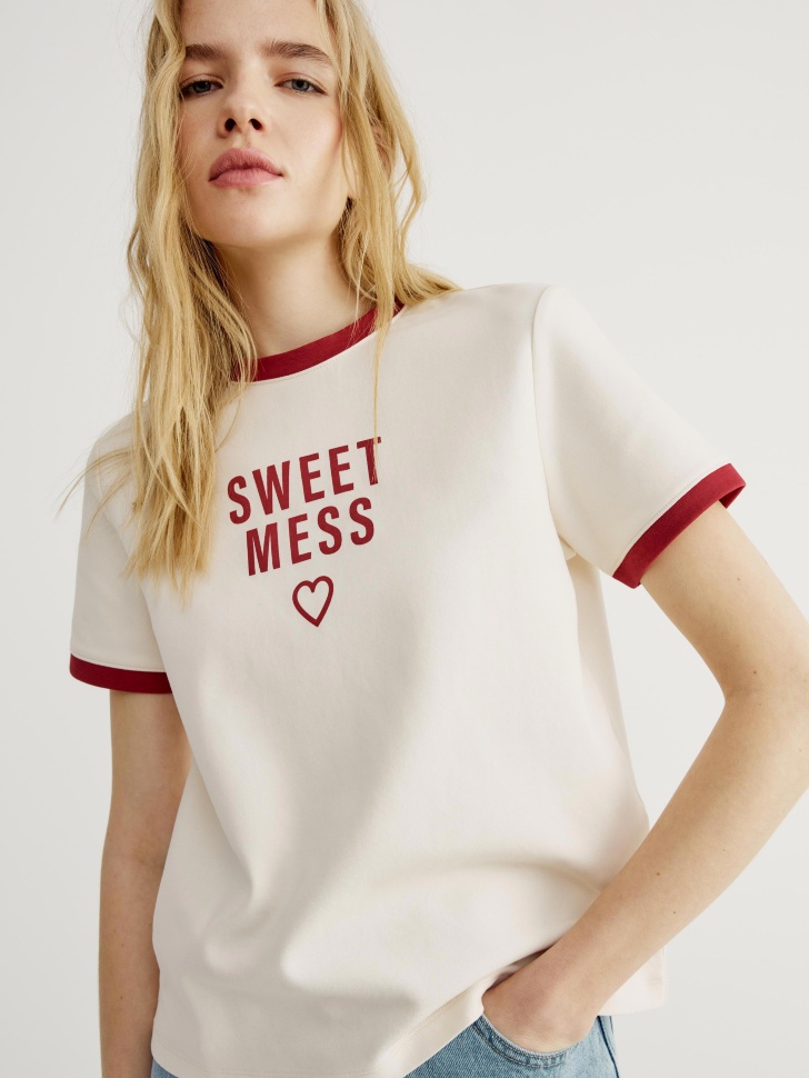 Футболка SELA с принтом и контрастной окантовкой, бежевый, арт. 43720