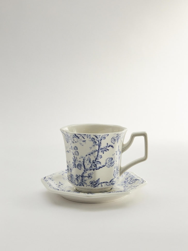 Чайная пара из фарфора с цветочным узором, белый, синий, арт. tpl001
