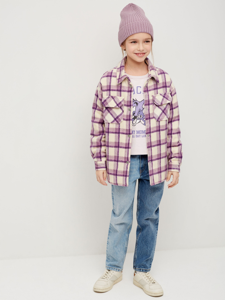 Двухцветные джинсы Mom fit для девочек (принт, 122/ 7-8 YEARS)