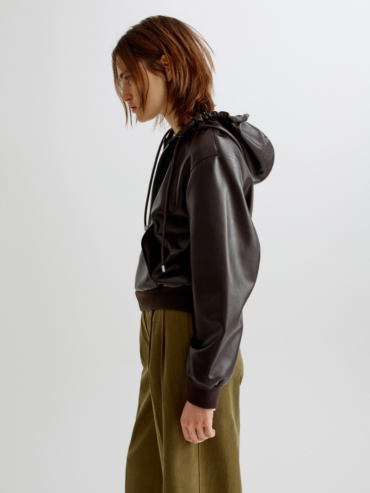 куртка бомбер из искусственной кожи с капюшоном из кожи спереди