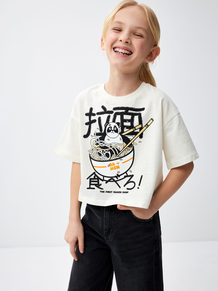 

Укороченная футболка с принтом для девочек