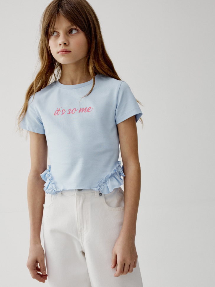 укороченная футболка с рюшами для девочек по цене 1299 руб вид справа