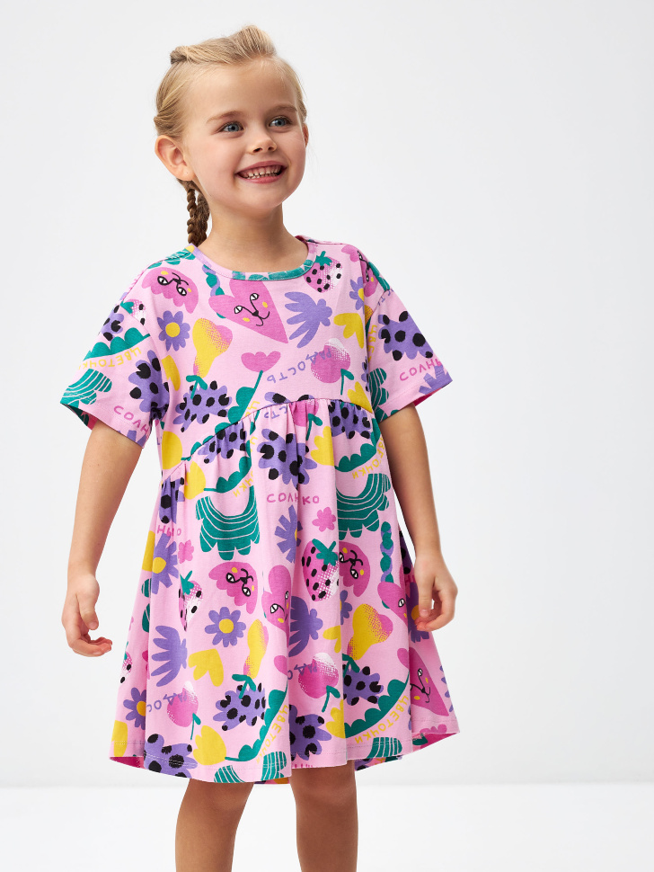 Платье с принтом sela x Маша Сомик для девочек (розовый, 104) sela 4680168410642 - фото 1