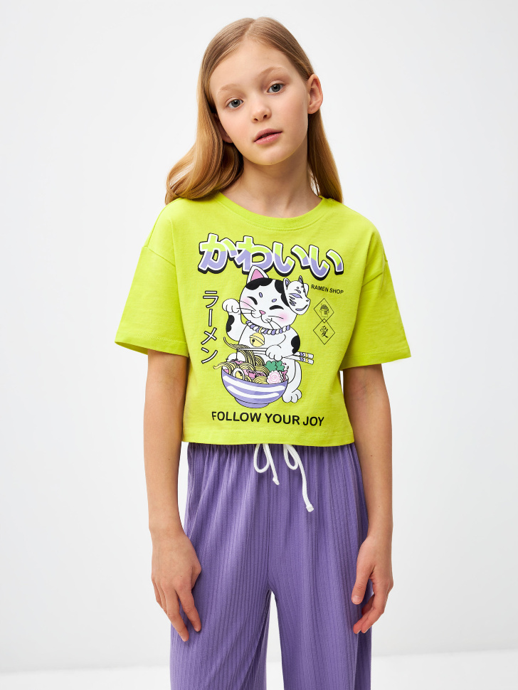 Укороченная футболка с принтом для девочек (зеленый, 122) sela 4680168360701 - фото 1