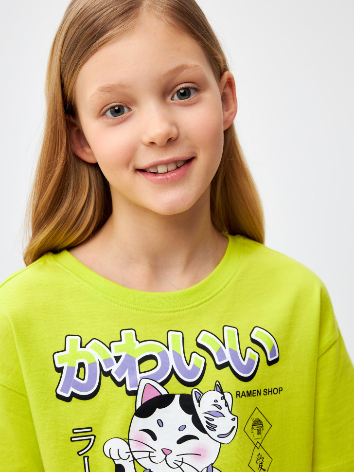 Укороченная футболка с принтом для девочек (зеленый, 122) sela 4680168360701 - фото 3