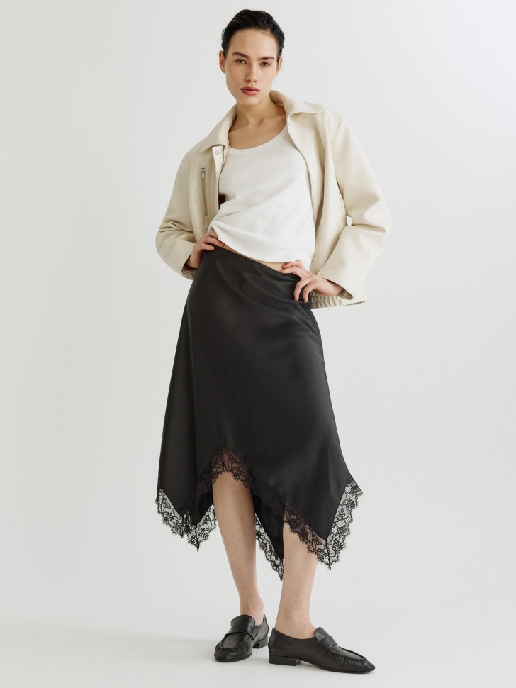 асимметричная юбка миди из сатина с кружевом 4610517399427 фотография