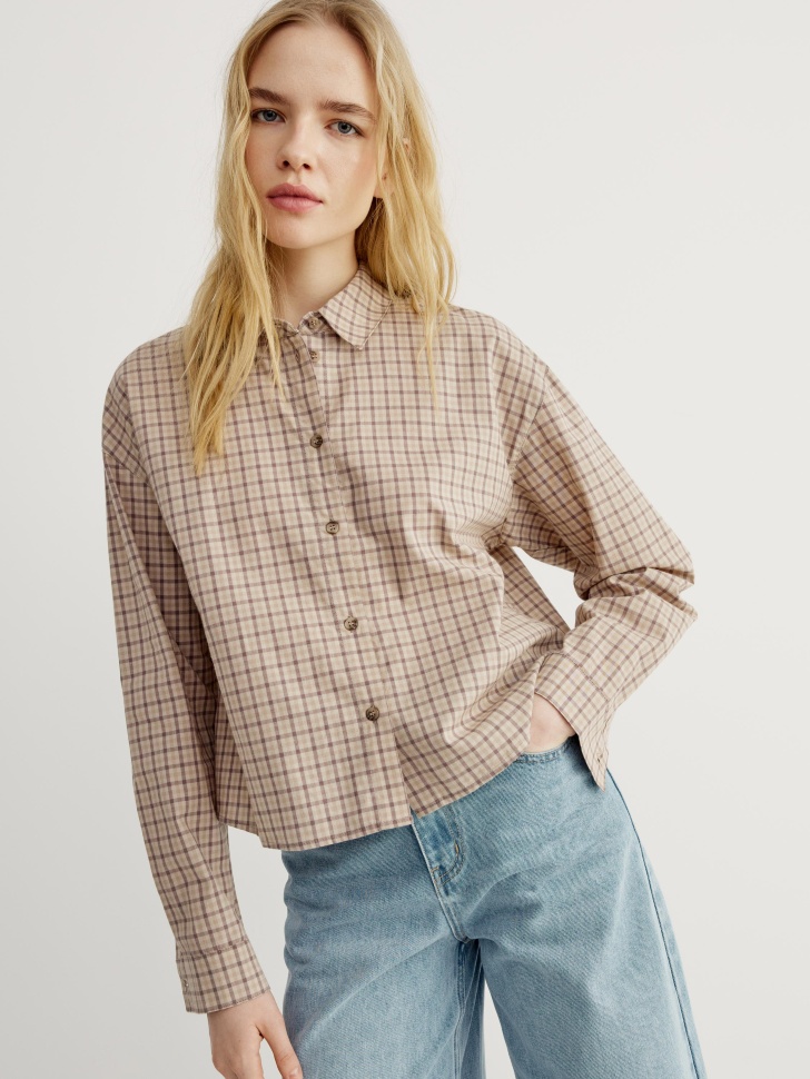 Укороченная рубашка SELA в клетку, бежевый, арт. 42812