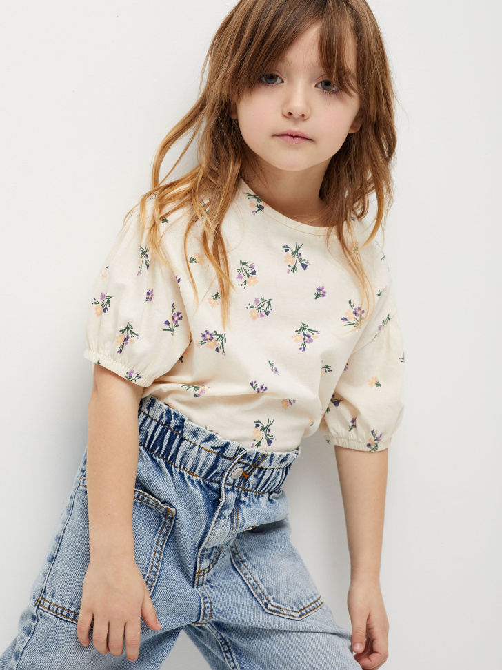 

Трикотажная футболка с рукавами-фонариками для девочек, Белый