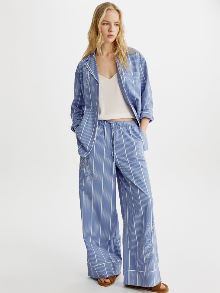 Широкие брюки Sela в полоску с вышивкой, голубой, арт. 54746