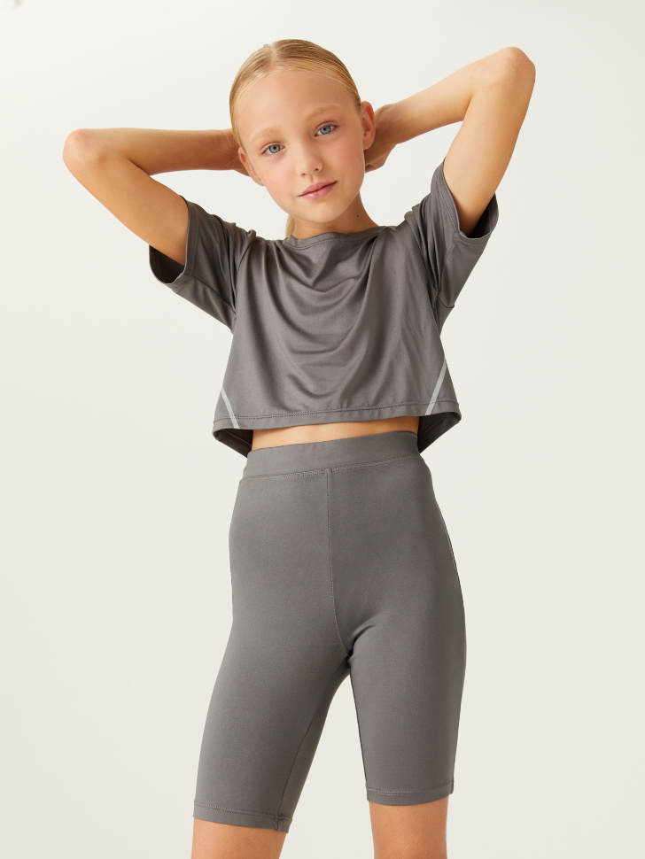 Укороченная спортивная футболка для девочек (серый, XS (146-152)) sela 4640078791460 - фото 1