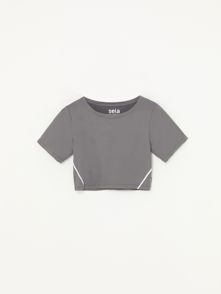 Укороченная спортивная футболка для девочек (серый, XS (146-152)) sela 4640078791460 - фото 2