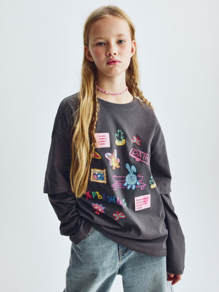 

Лонгслив оверсайз для девочек с принтом SELA x Смешарики, SL6801050211