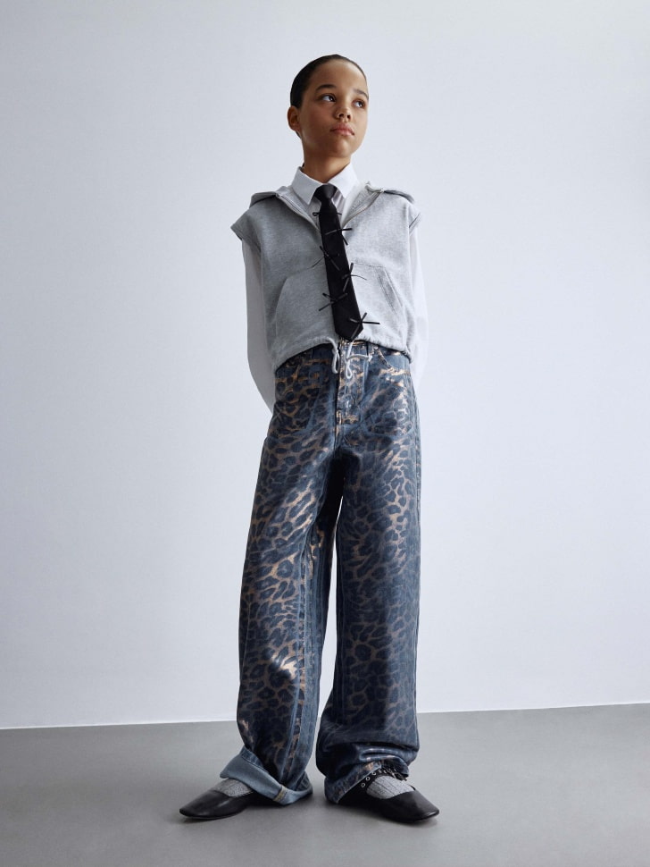 Леопардовые джинсы Wide leg с эффектом металлик для девочек